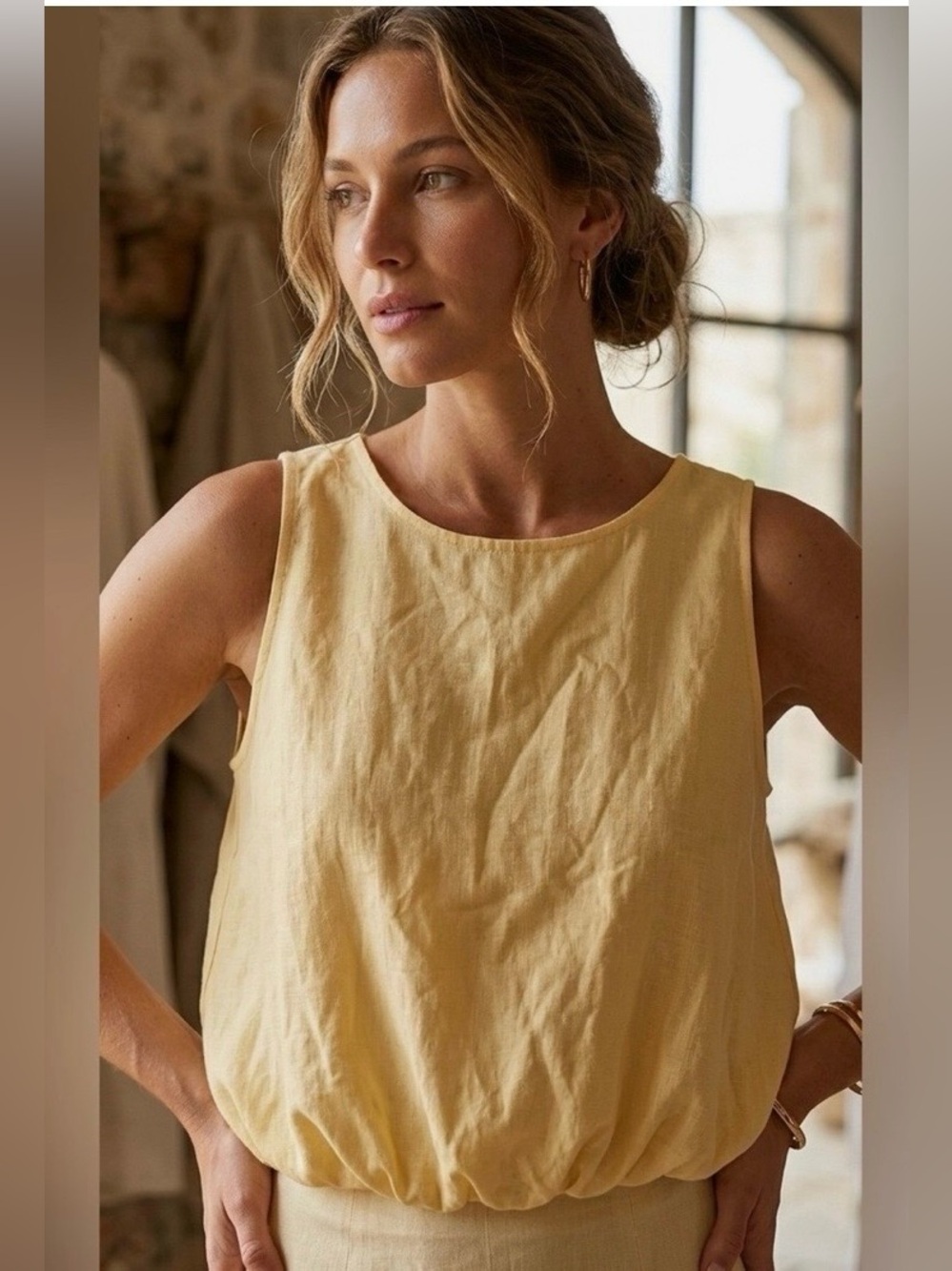 Spighe Di Lino Italian Women’s Sleeveless Linen Blend Bubble Hem Top Soft Yellow